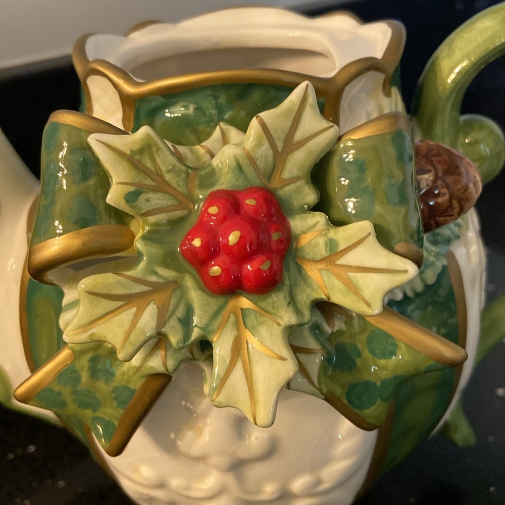 Tea SET Christmas Holly Berry Pine Cones: Teapot, Sugar, Lids, and Creamer - Picture 8 of 15